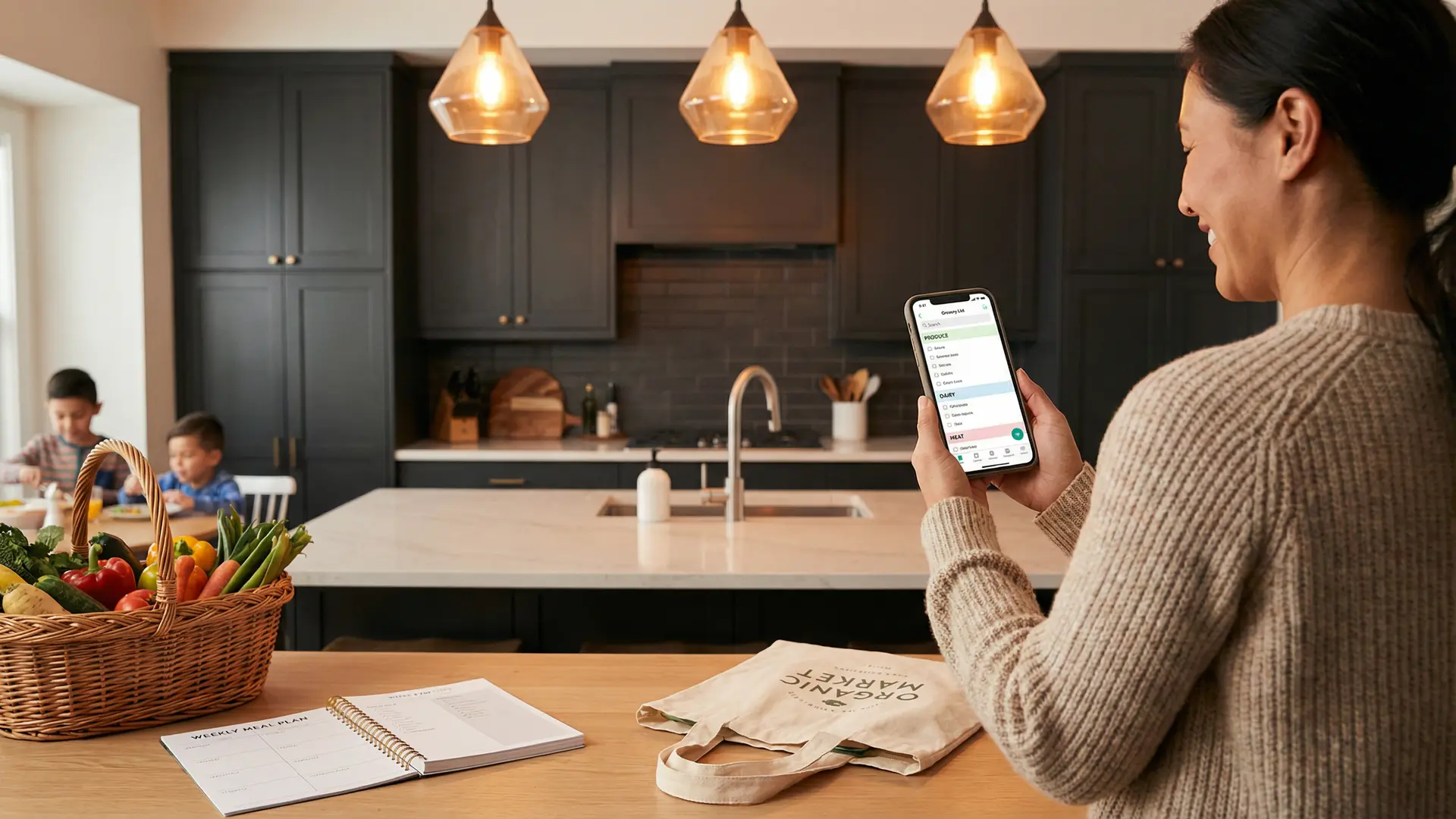 A parent standing at a modern kitchen island reviewing an automated grocery list on their phone, with fresh vegetables, a weekly meal plan, and a reusable shopping bag on the counter.