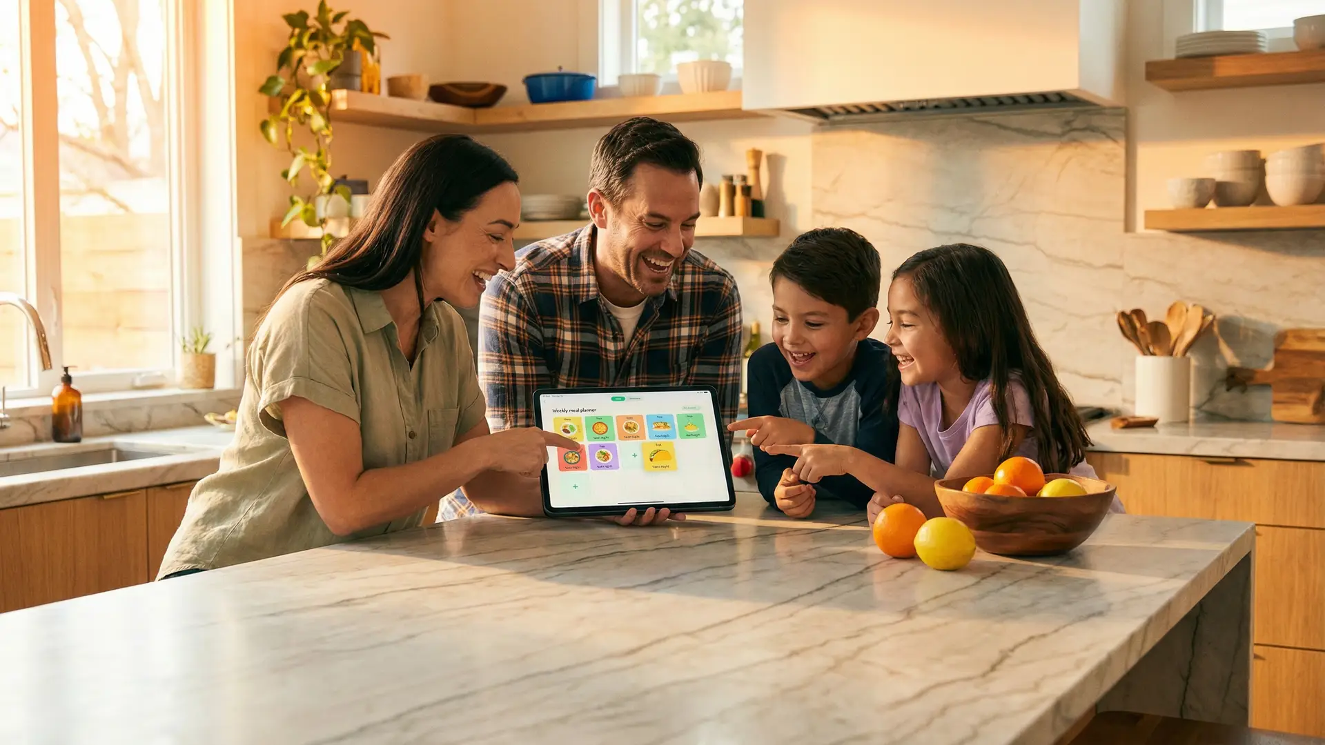 A happy family of four gathered around a kitchen table reviewing a weekly meal plan on a tablet together, pointing at meals and smiling.
