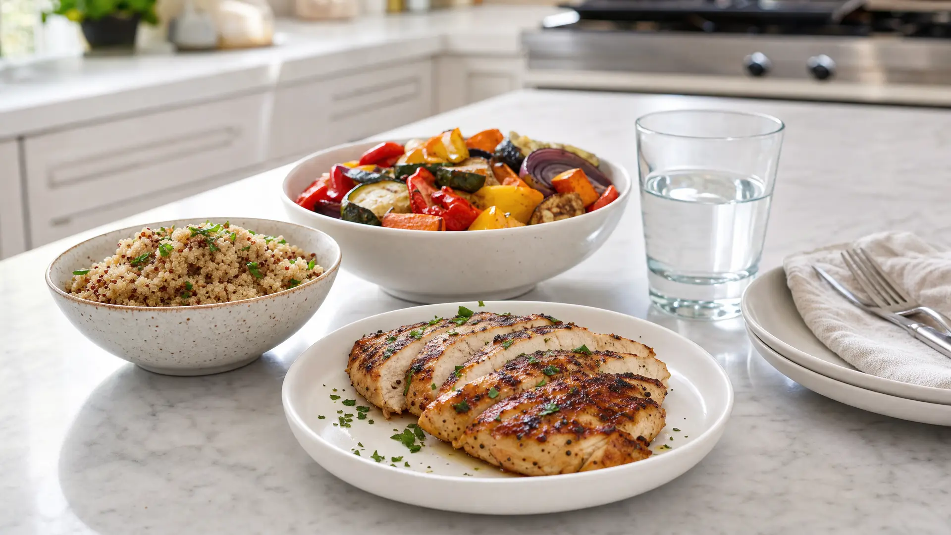 A bright, modern kitchen counter with a balanced family dinner spread and a small tablet showing a simple calorie range label like 500-650 kcal per serving.