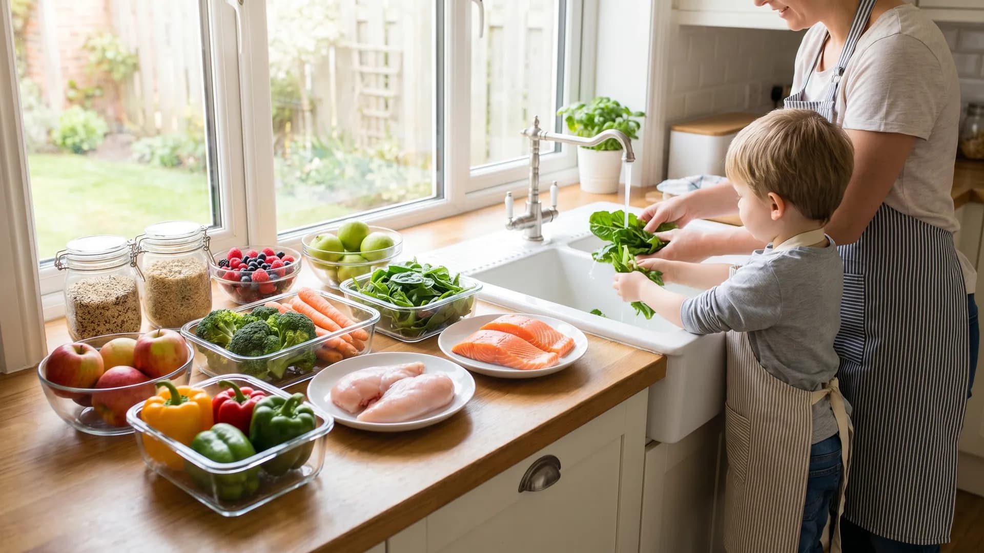 A bright kitchen counter with an abundant spread of whole fresh foods — vegetables, fruits, lean proteins, and grains — with a parent and child washing vegetables together for a clean eating family meal prep session.