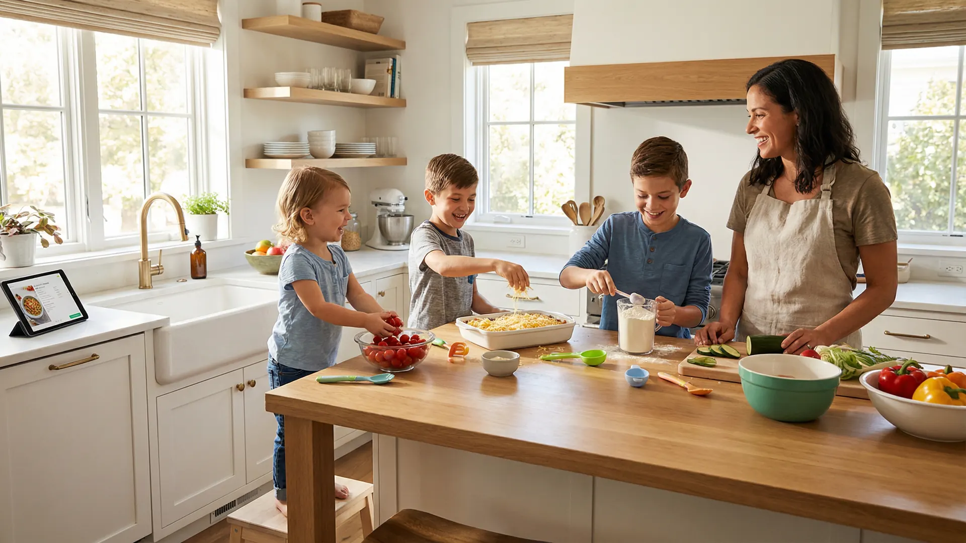 Diverse children ages 4 to 12 happily helping their parents in a bright modern kitchen — washing tomatoes, sprinkling cheese, measuring flour, stirring a pot.