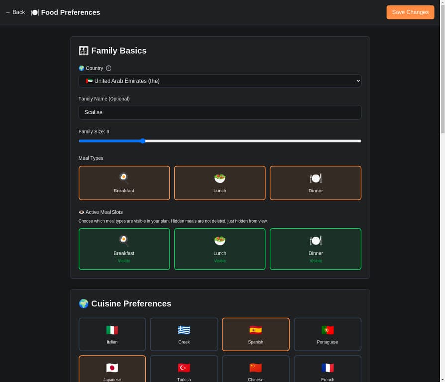 FamilyPlate Food Preferences screen showing cuisine selections, dietary restrictions, and the Kid-Friendly Meals toggle