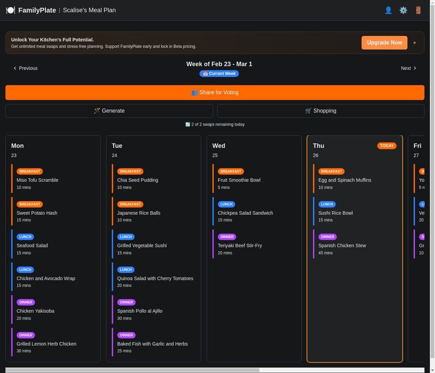 FamilyPlate weekly meal plan dashboard showing AI-generated kid-friendly meals for the full week