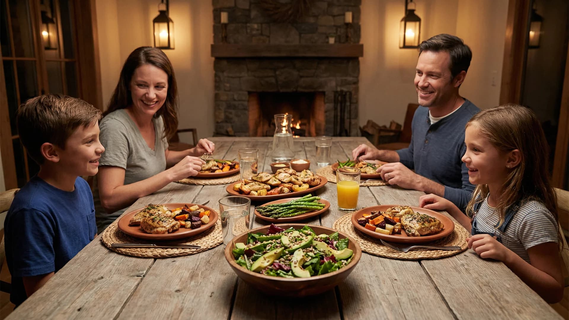 A family enjoying a delicious dairy-free dinner at a rustic wooden table, featuring fresh, vibrant food without cheese or cream.