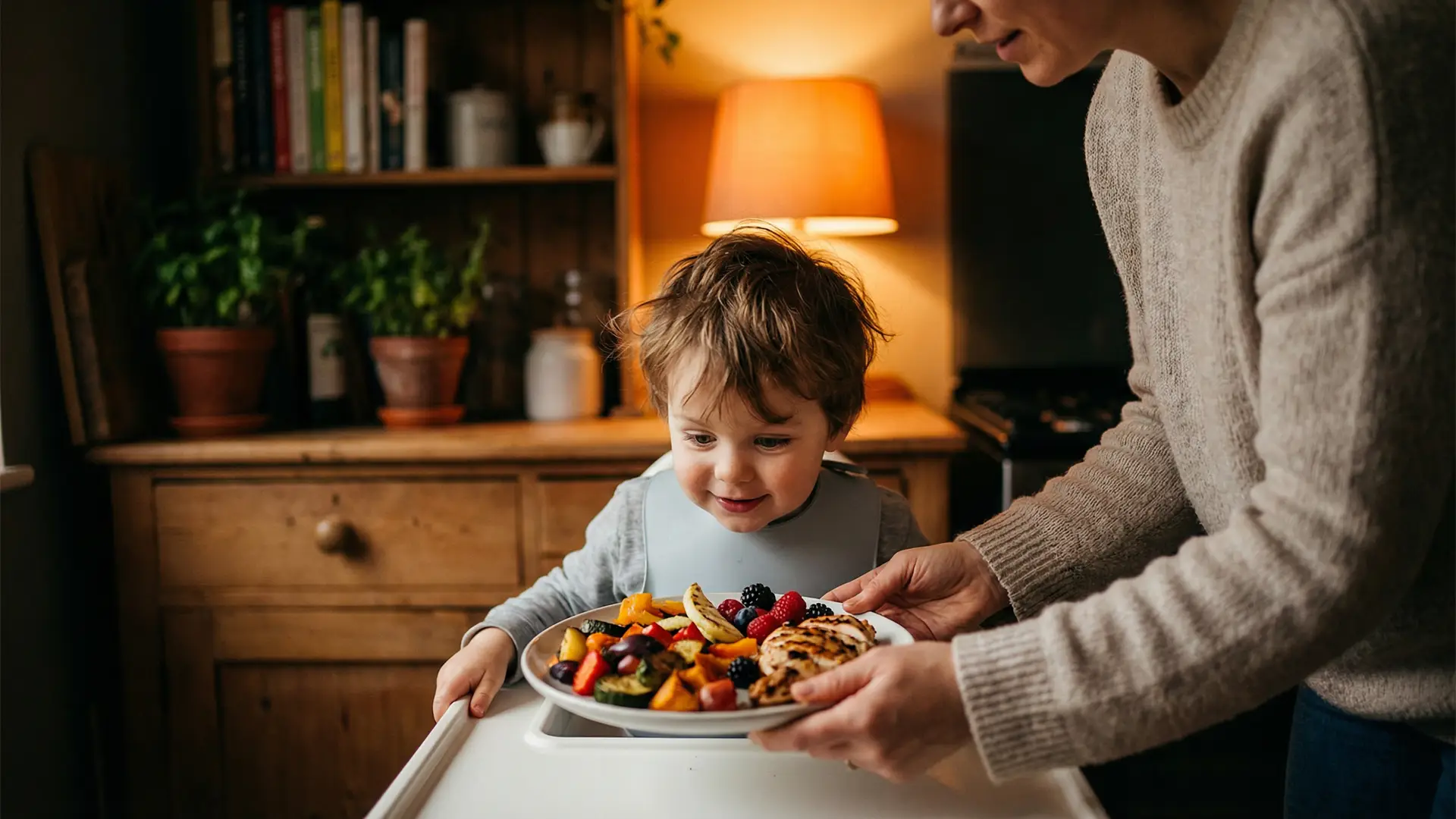 A parent serving dinner to a child who is looking at the food with curiosity rather than refusal, in a warm family kitchen setting.