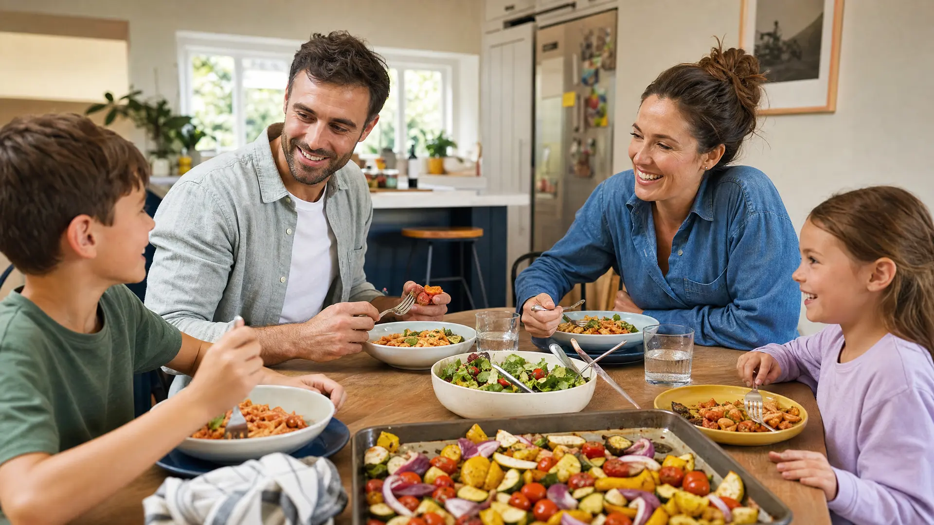 A cheerful family of four sitting around a well-lit kitchen table enjoying a relaxed weeknight dinner together with simple, colourful dishes.
