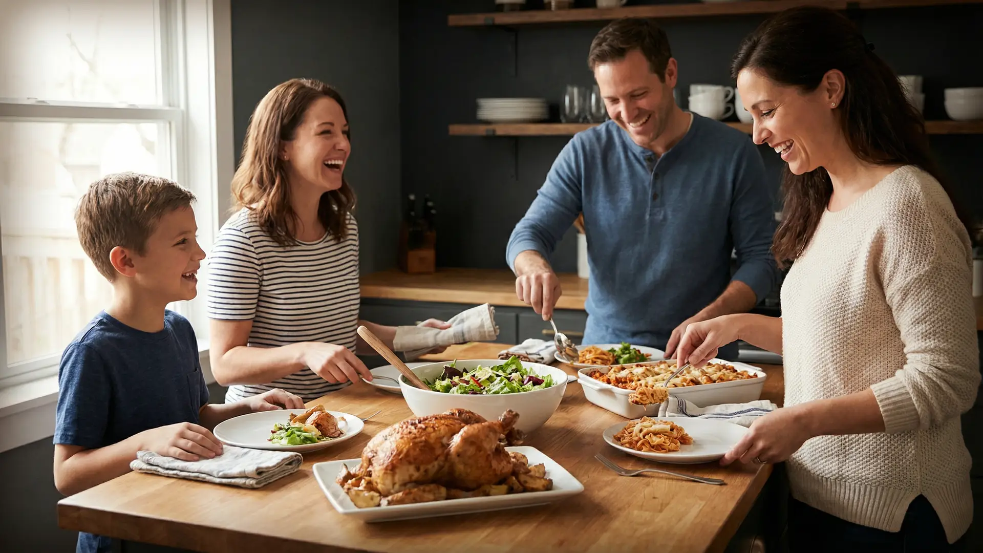A family of four enjoying a simple, delicious weeknight dinner together at a kitchen table with a variety of easy family meals.