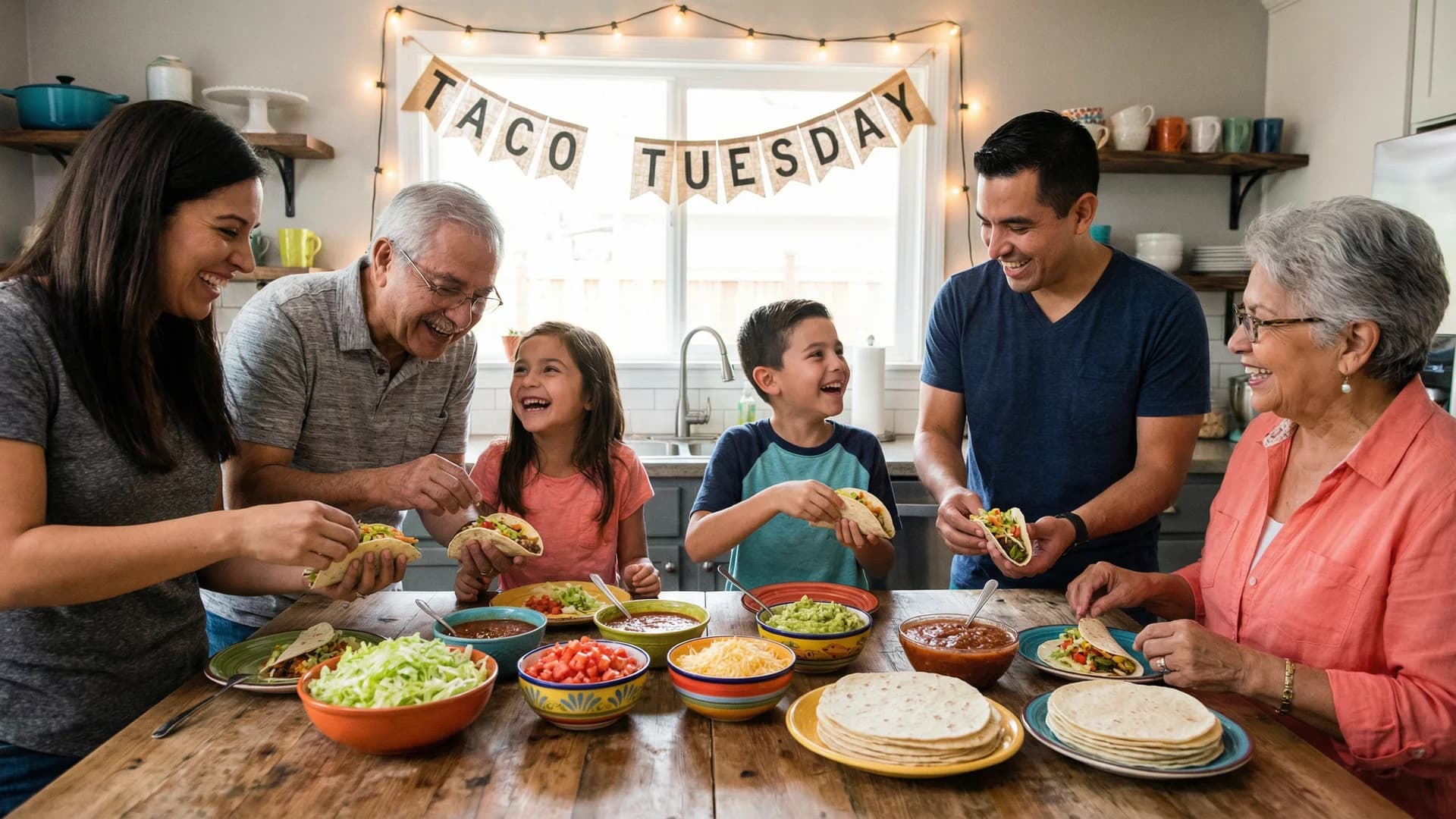 A fun family dinner setting with a Taco Tuesday theme, featuring colorful bowls of toppings and a happy family assembling tacos.