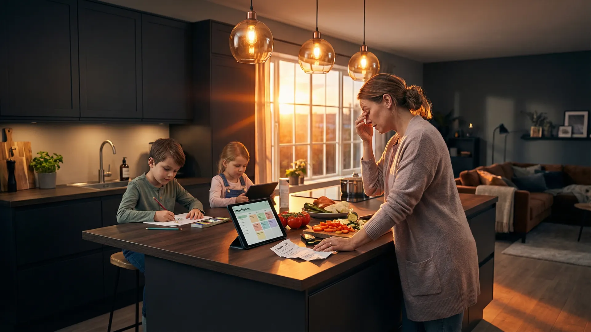 A family gathered around a kitchen table with meal planning ingredients, illustrating the challenge of weekly meal coordination.