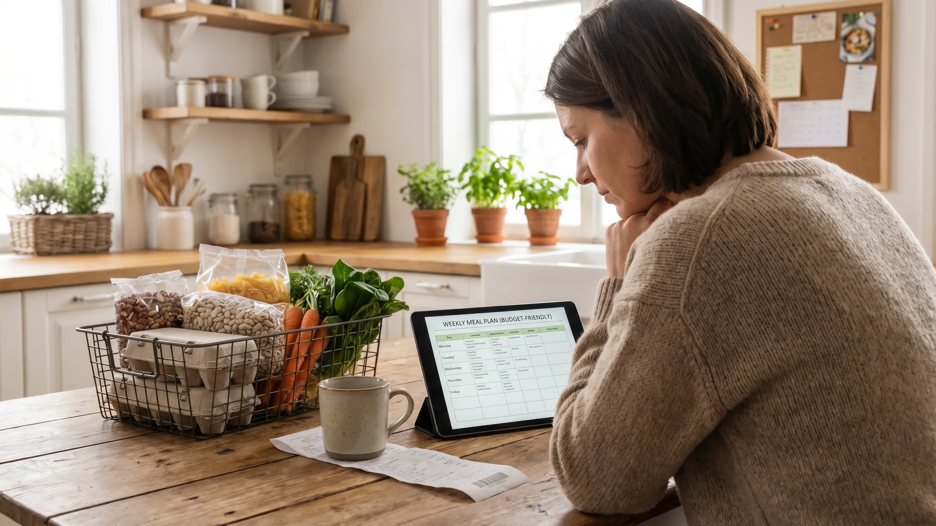 A parent sitting at a kitchen table reviewing a budget-friendly weekly meal plan on a tablet, with a grocery receipt and a basket of affordable fresh ingredients nearby.