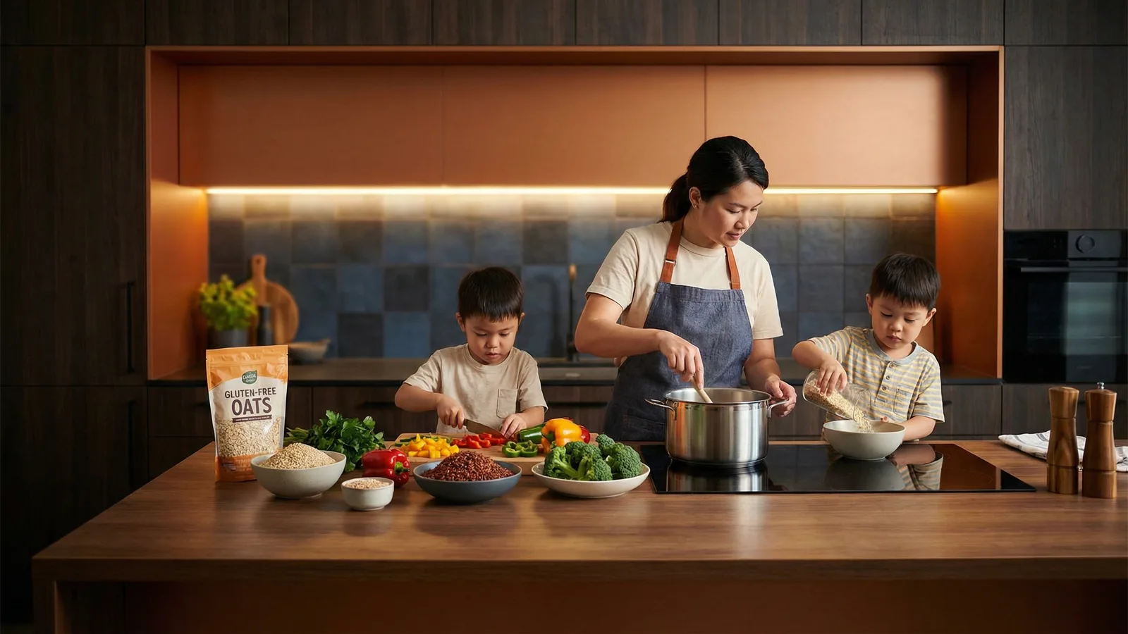 A parent and two children preparing a colourful gluten-free family meal together in a modern kitchen, with fresh vegetables, rice, quinoa, and naturally gluten-free ingredients on the counter.