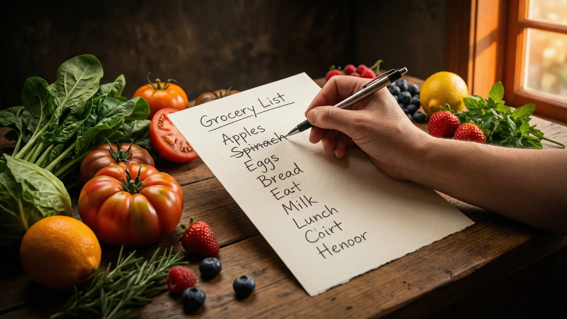 A neatly organised grocery list on a tablet showing items categorised by supermarket aisle, next to a full shopping trolley in a bright supermarket aisle.
