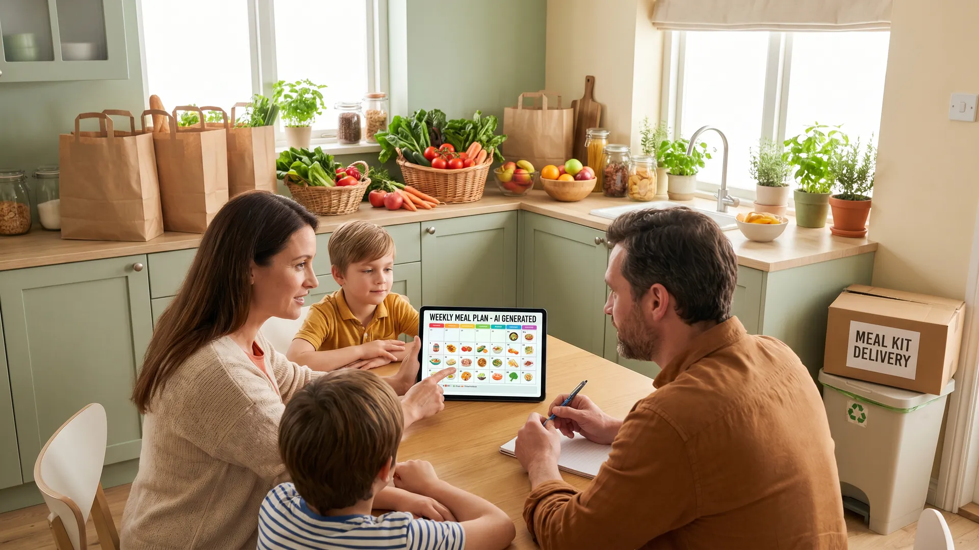 A family sitting around a kitchen table reviewing an AI-generated weekly meal plan on a tablet, with fresh groceries on the counter and a meal kit delivery box set aside — a smarter alternative to HelloFresh.