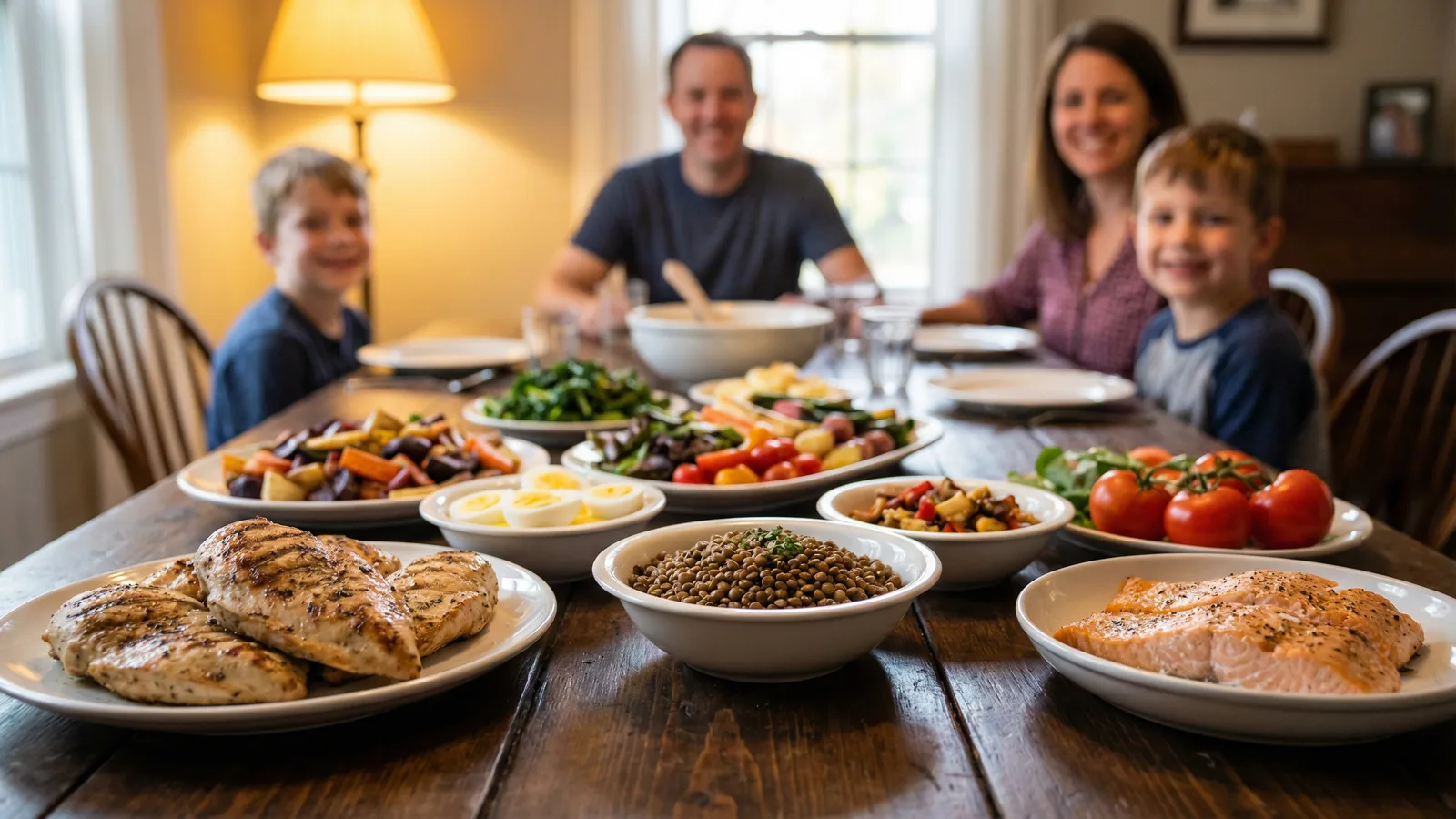A family of four seated at a rustic wooden dinner table with grilled chicken, salmon fillets, a bowl of lentils, hard-boiled eggs, and fresh vegetables — a wholesome high-protein family dinner.