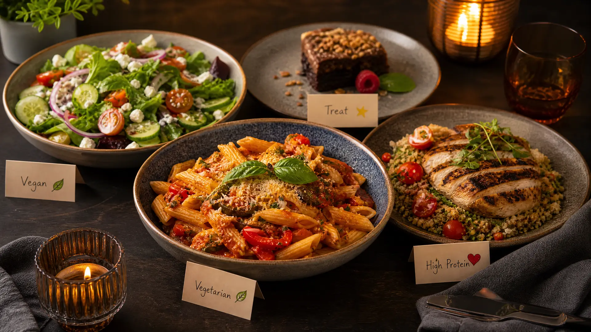 A beautifully curated family meal spread on a dark dining table with colorful healthy dishes showing dietary tags.