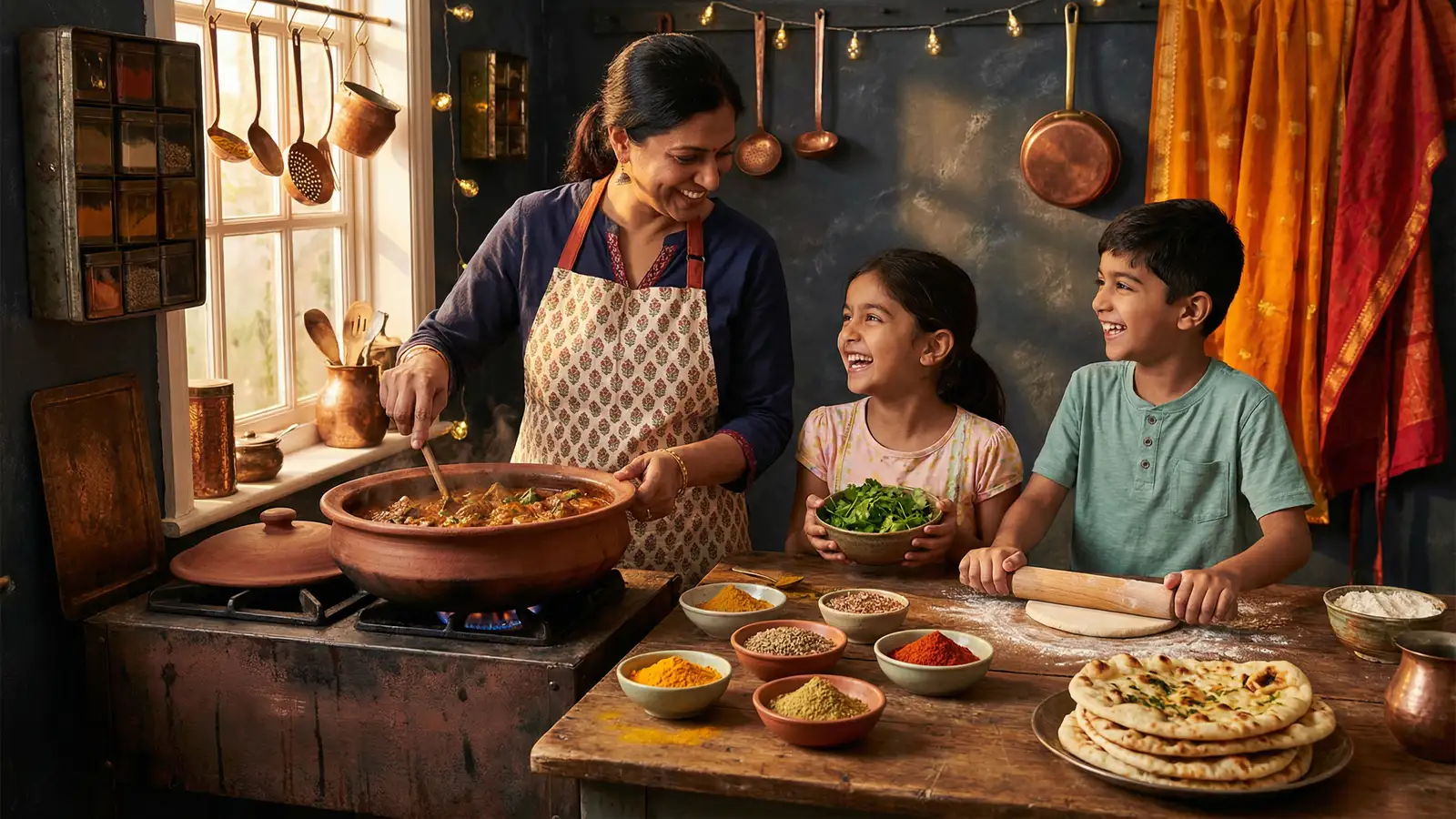 A parent and two children cooking together in a vibrant Indian kitchen, surrounded by aromatic spices, turmeric, cumin, fresh naan bread, and a rich curry simmering in a clay pot.