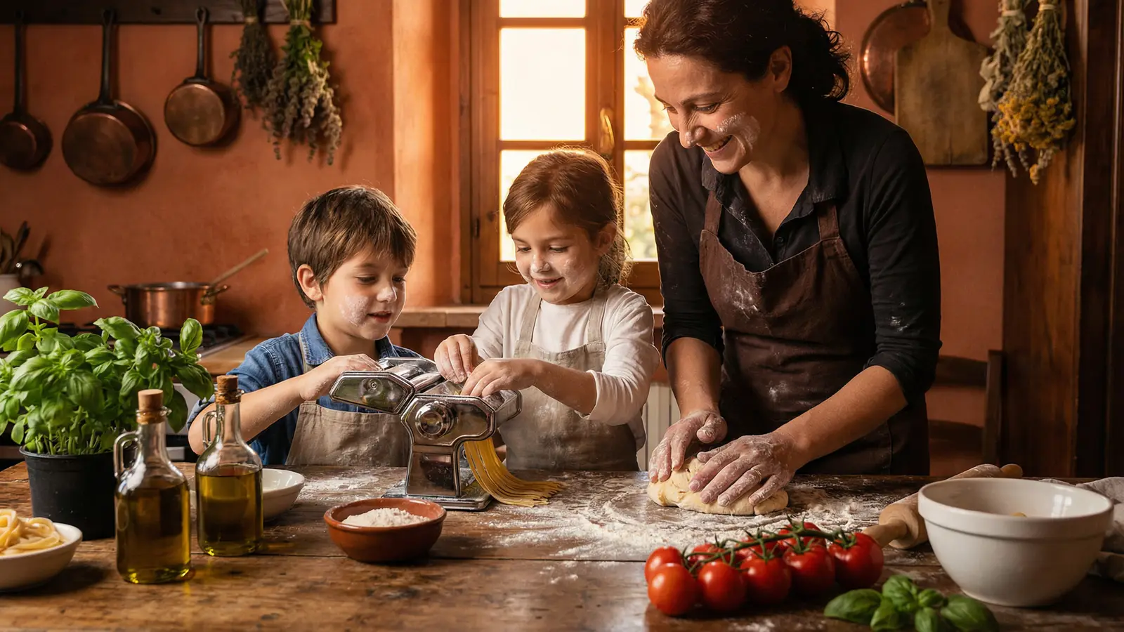 A parent and two children making homemade pasta together at a rustic wooden table in a warm Italian kitchen, with fresh basil, tomatoes, and olive oil.