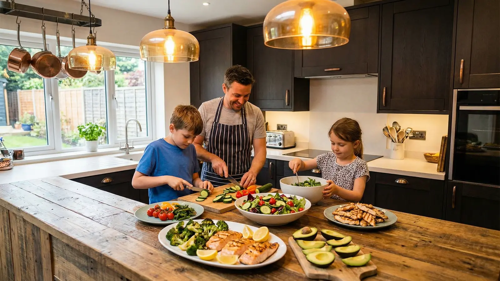 A parent and two children preparing a colourful keto-friendly family dinner together at a wooden kitchen island, with grilled salmon, avocado, and fresh salad.
