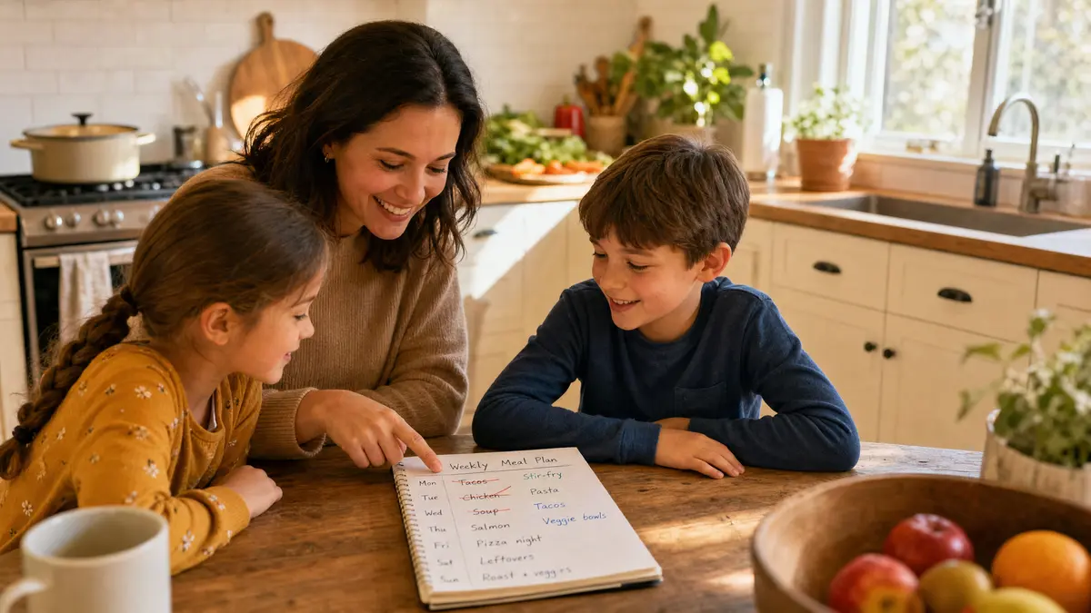 A mother and two children adjusting their weekly meal plan together at the kitchen table