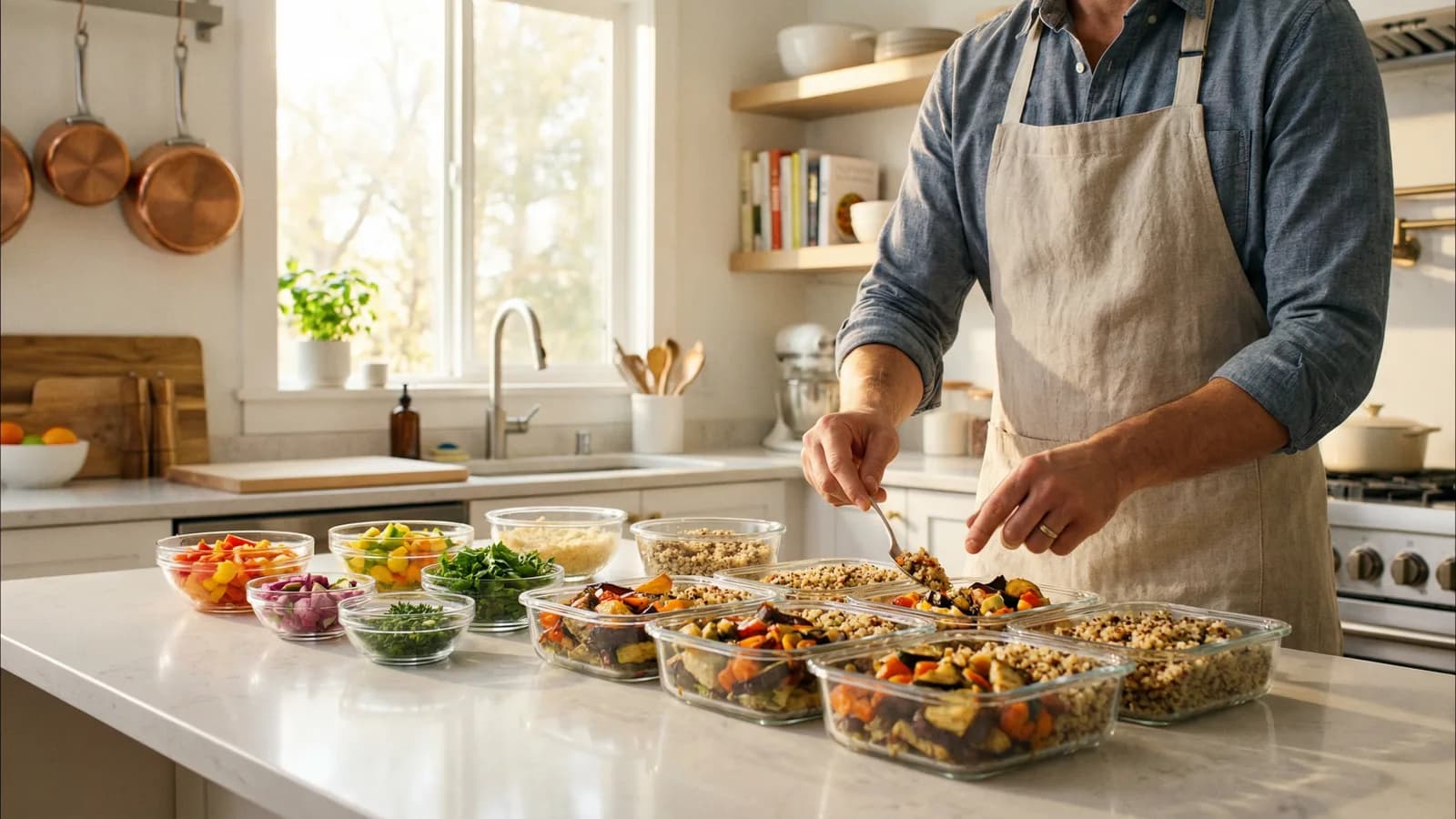 A family of four working together at a bright kitchen island, filling glass meal prep containers with colourful roasted vegetables, grains, and proteins — an organised and calm Sunday prep session.