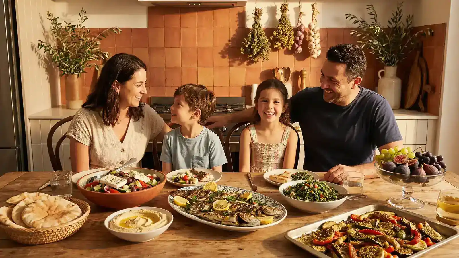 A happy family of four seated around a wooden dining table covered with a vibrant Mediterranean spread — Greek salad, grilled fish, hummus, pita bread, tabbouleh, and roasted vegetables — in a warm terracotta kitchen.