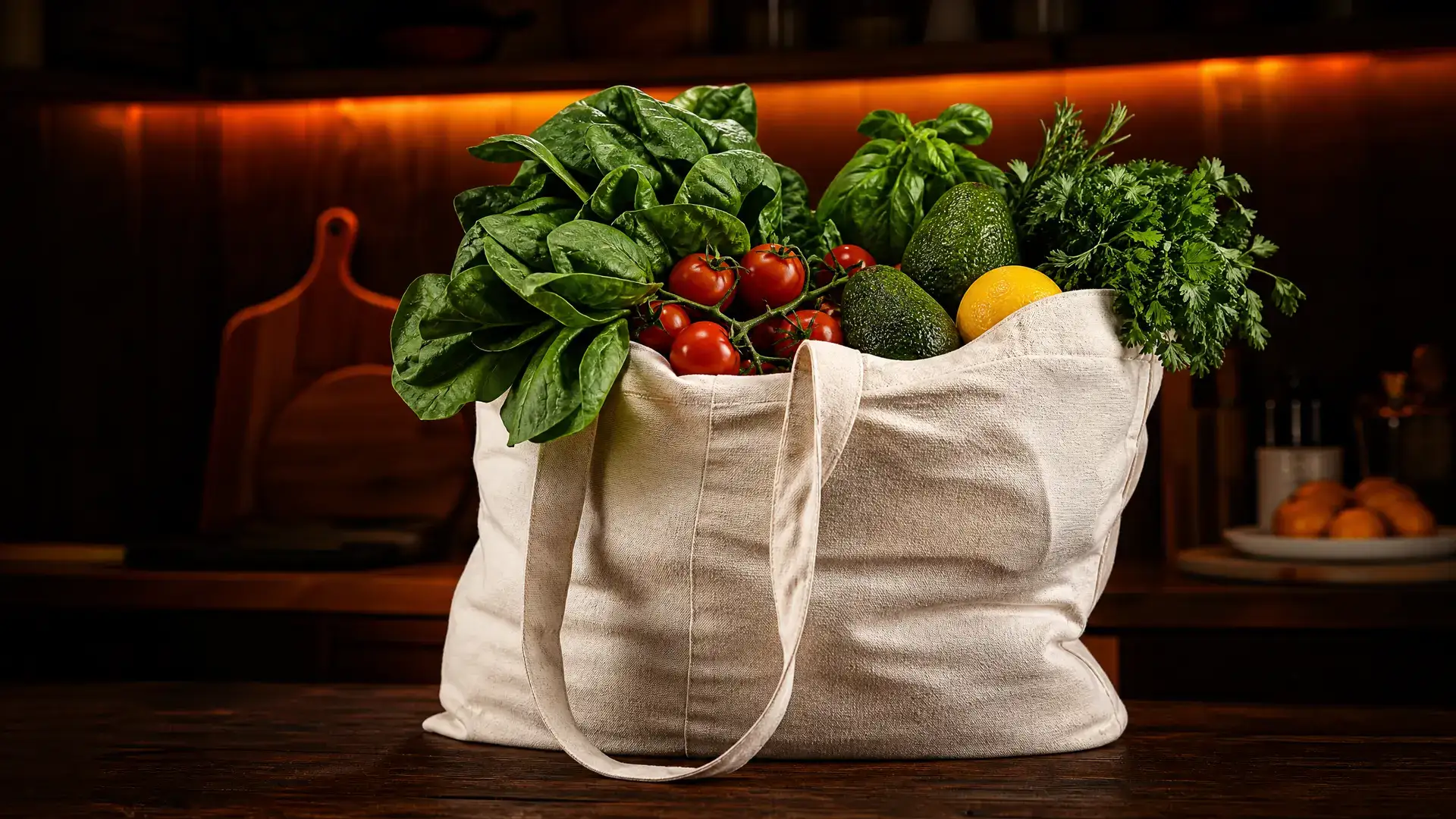 A large reusable canvas bag filled with fresh, vibrant green vegetables, avocados, and herbs on a kitchen counter.