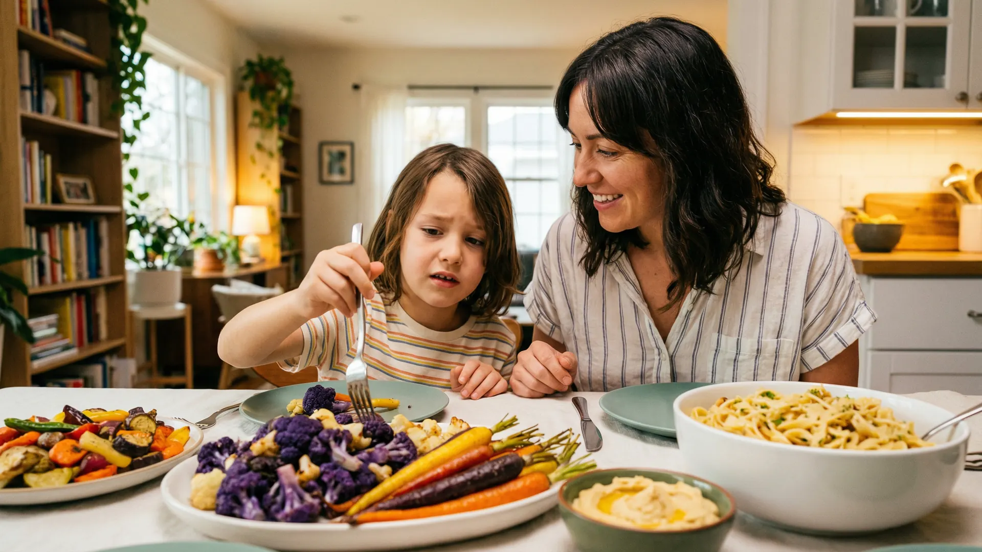 Parent and child at the dinner table, child exploring new food with parent's encouragement.