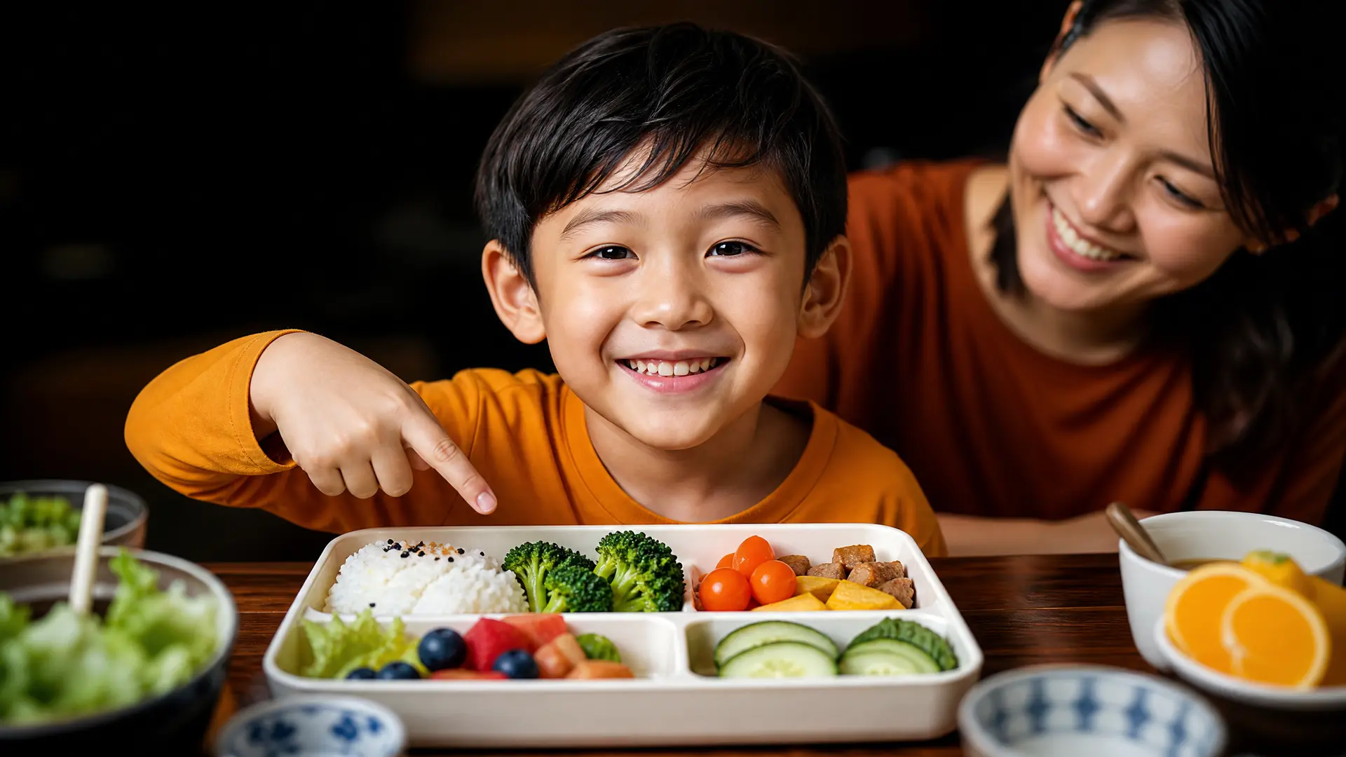 A smiling young child happily pointing at a new vegetable on their bento-style plate with their parent cheering.