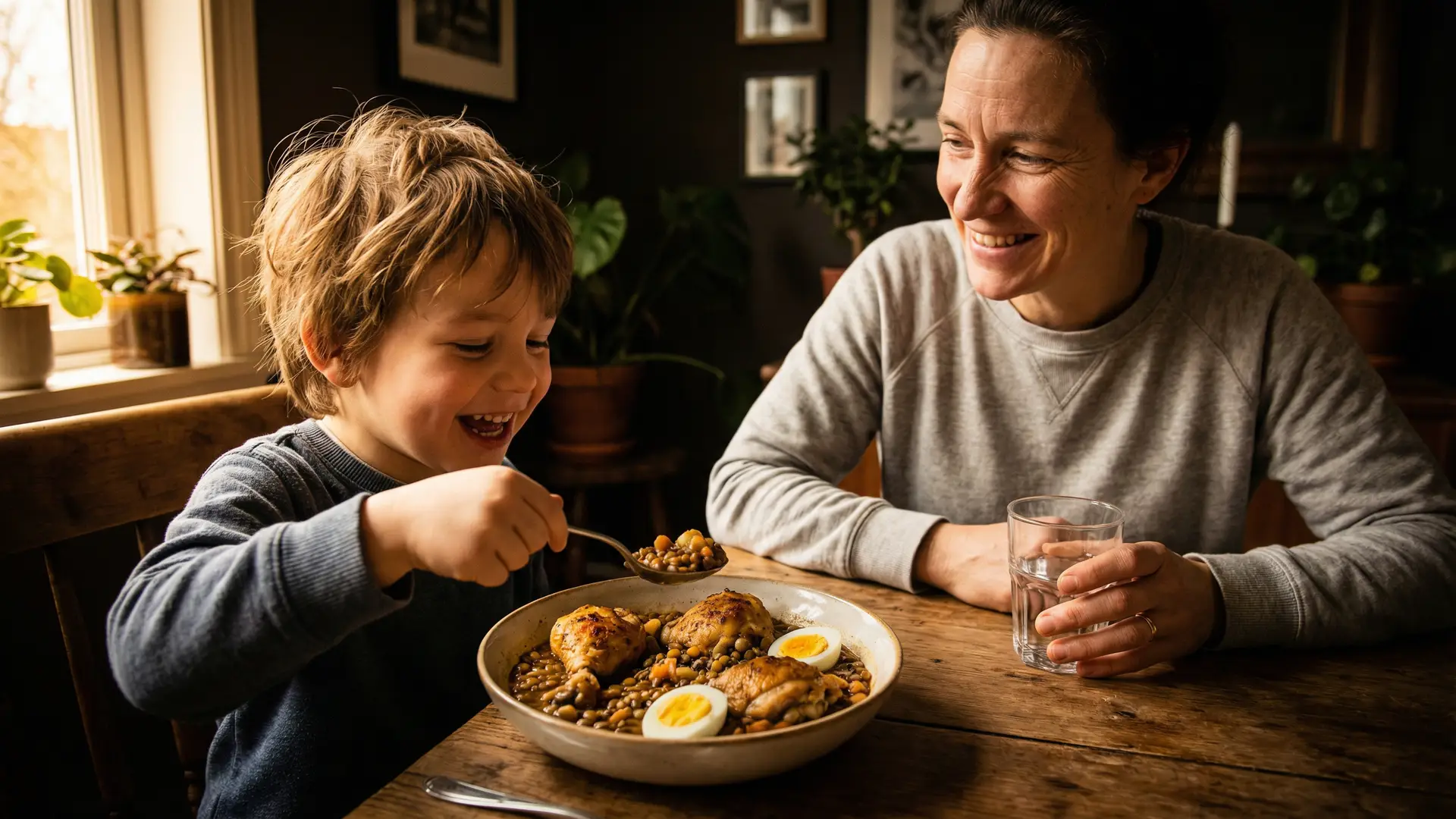 A child happily eating a protein-rich meal of chicken, eggs, and lentils at a family dinner table, representing healthy childhood nutrition.