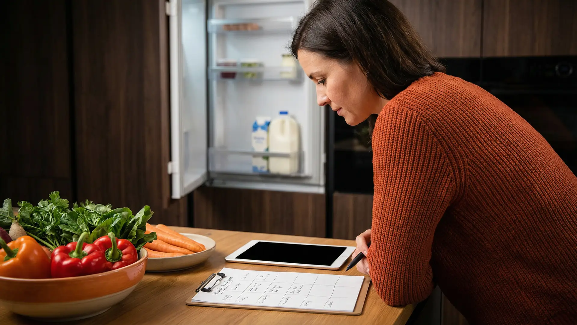 A family kitchen counter with fresh, neatly organised groceries purchased precisely from a meal plan, with a tablet showing the weekly plan and grocery list nearby.