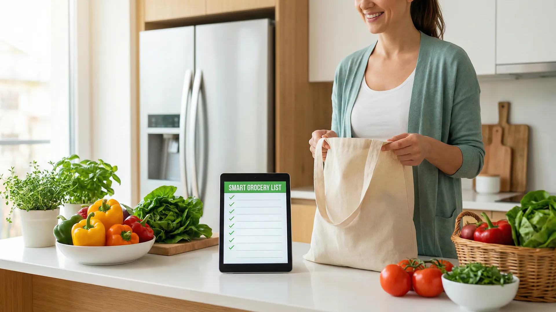 Before: cluttered grocery cart with excess items. After: organized tablet list showing exactly what is needed, reducing waste.