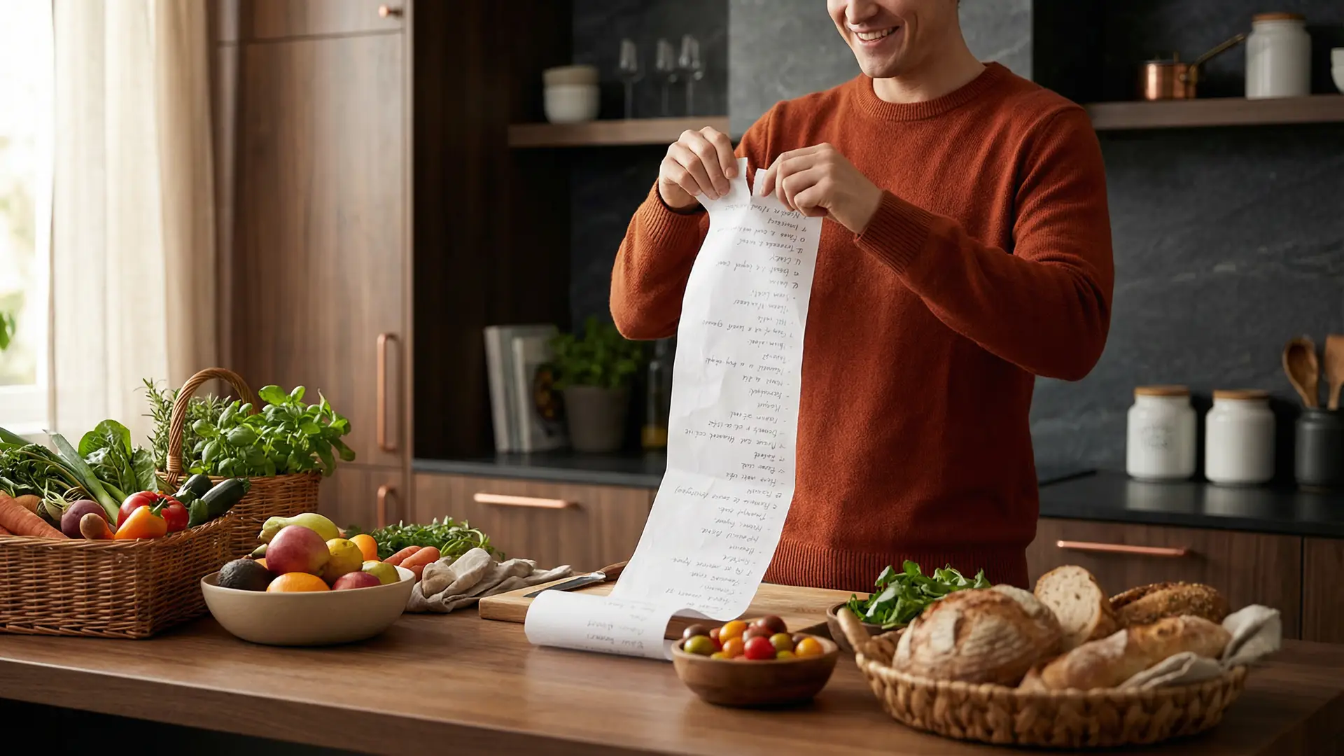 A parent in a bright modern kitchen looking relieved, holding a phone showing a clean digital grocery list, with a discarded handwritten list on the counter nearby.