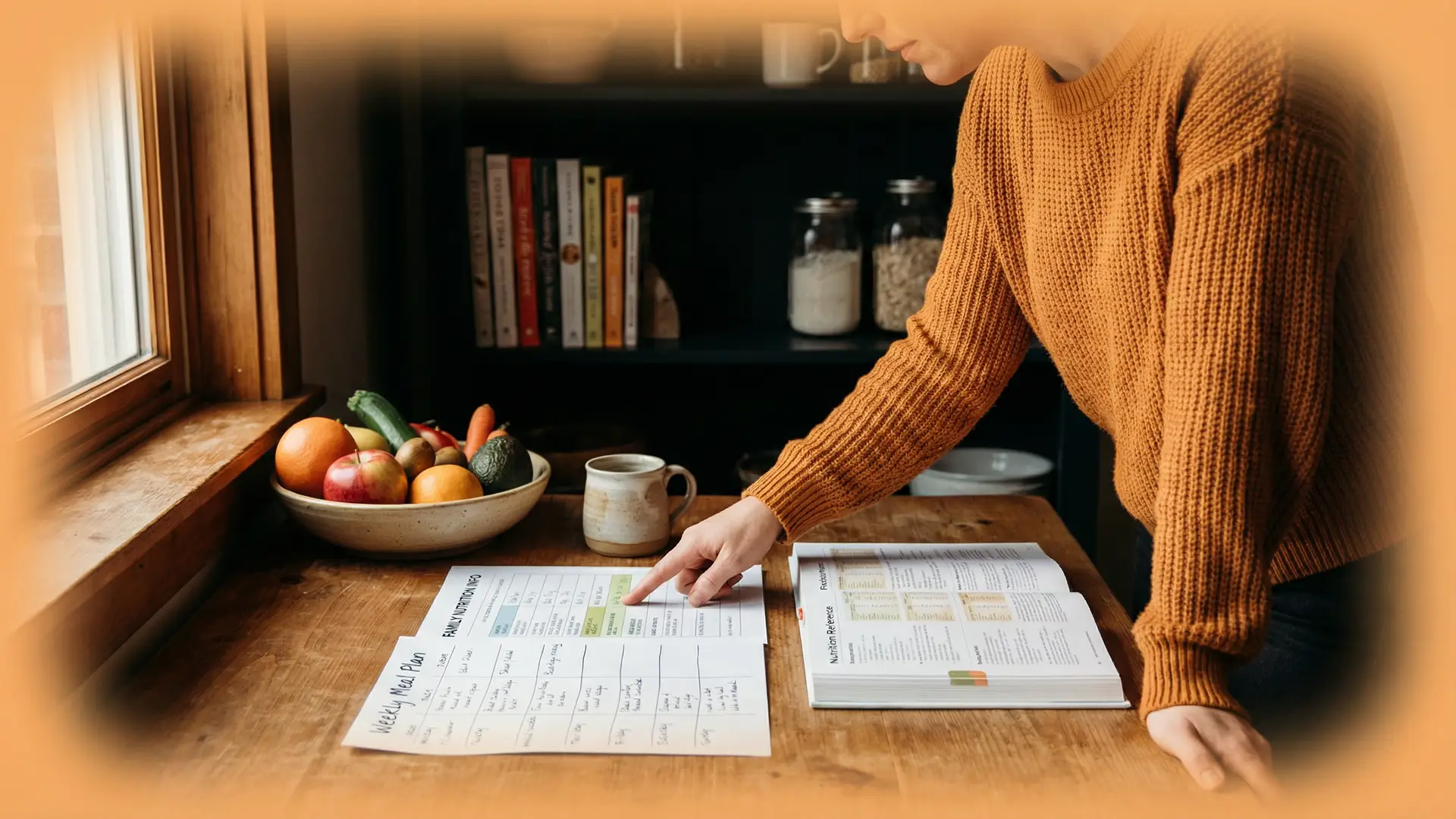 A parent reviewing a weekly meal plan on a tablet showing nutritional summaries for the family, without a traditional food diary.