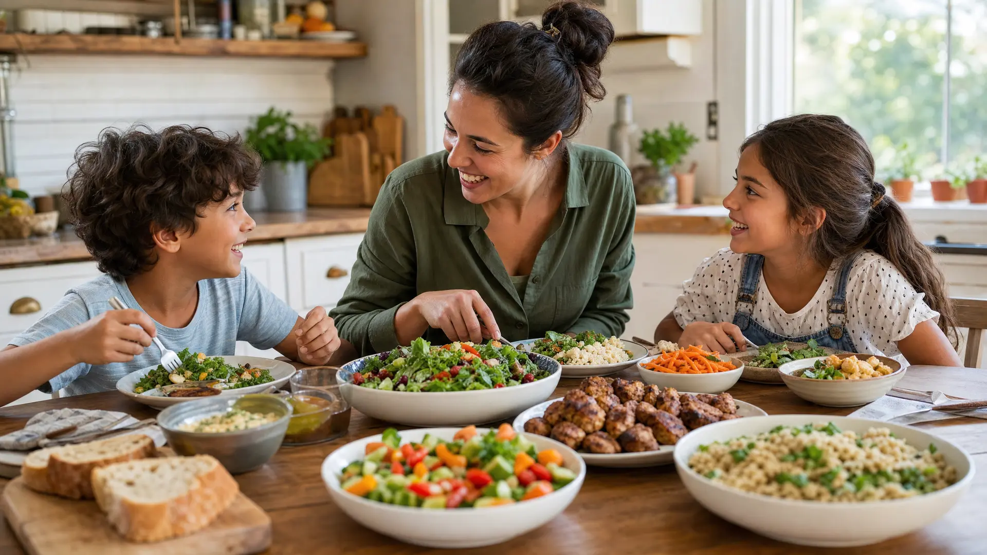 A parent sitting at a kitchen table reviewing a colourful weekly meal plan on a tablet, with a visual nutrition breakdown displayed on screen showing balanced macros.