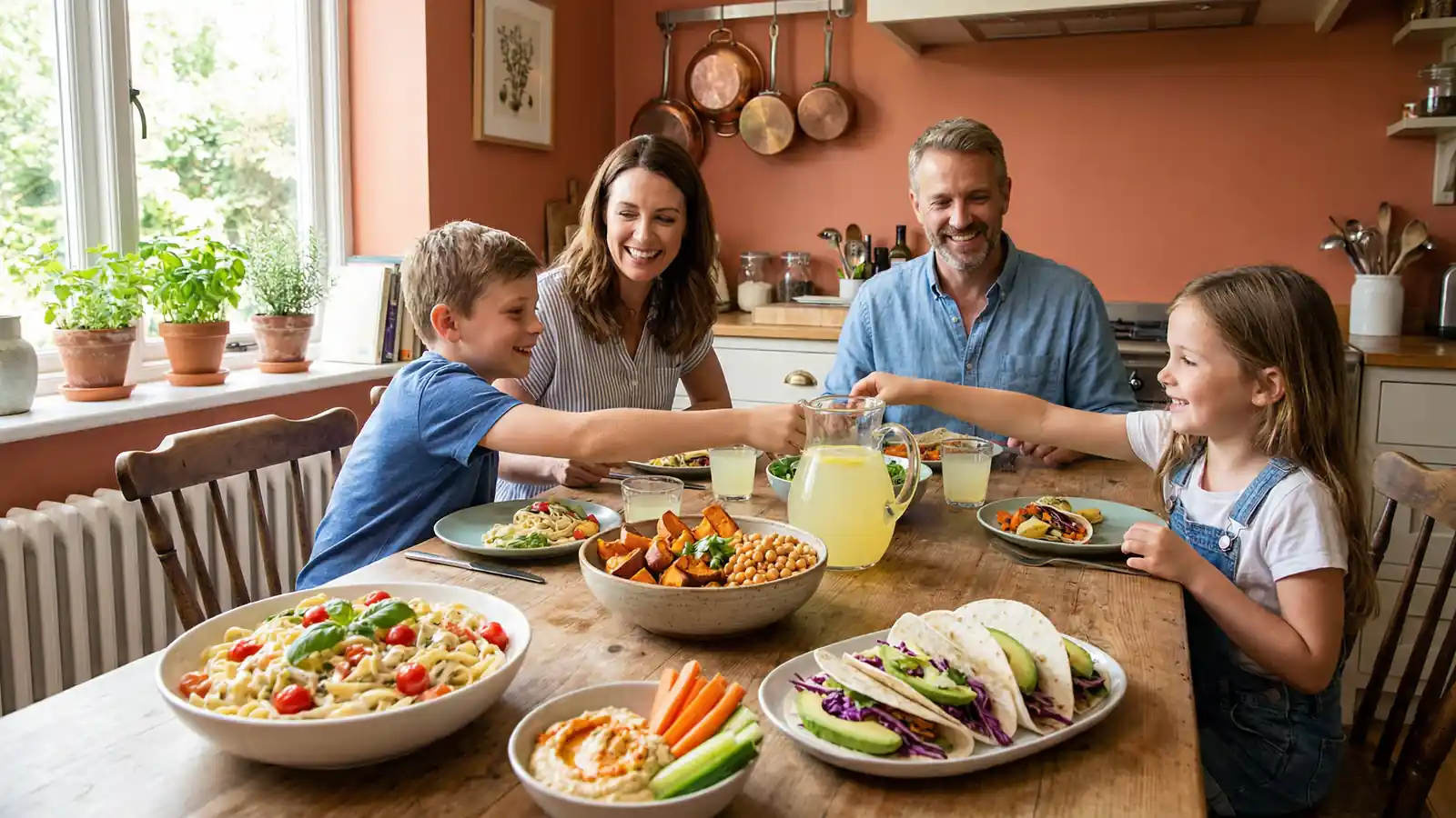 A happy family of four around a wooden dining table filled with colourful plant-based dishes — creamy pasta, Buddha bowls, veggie tacos, and hummus — in a warm terracotta kitchen.
