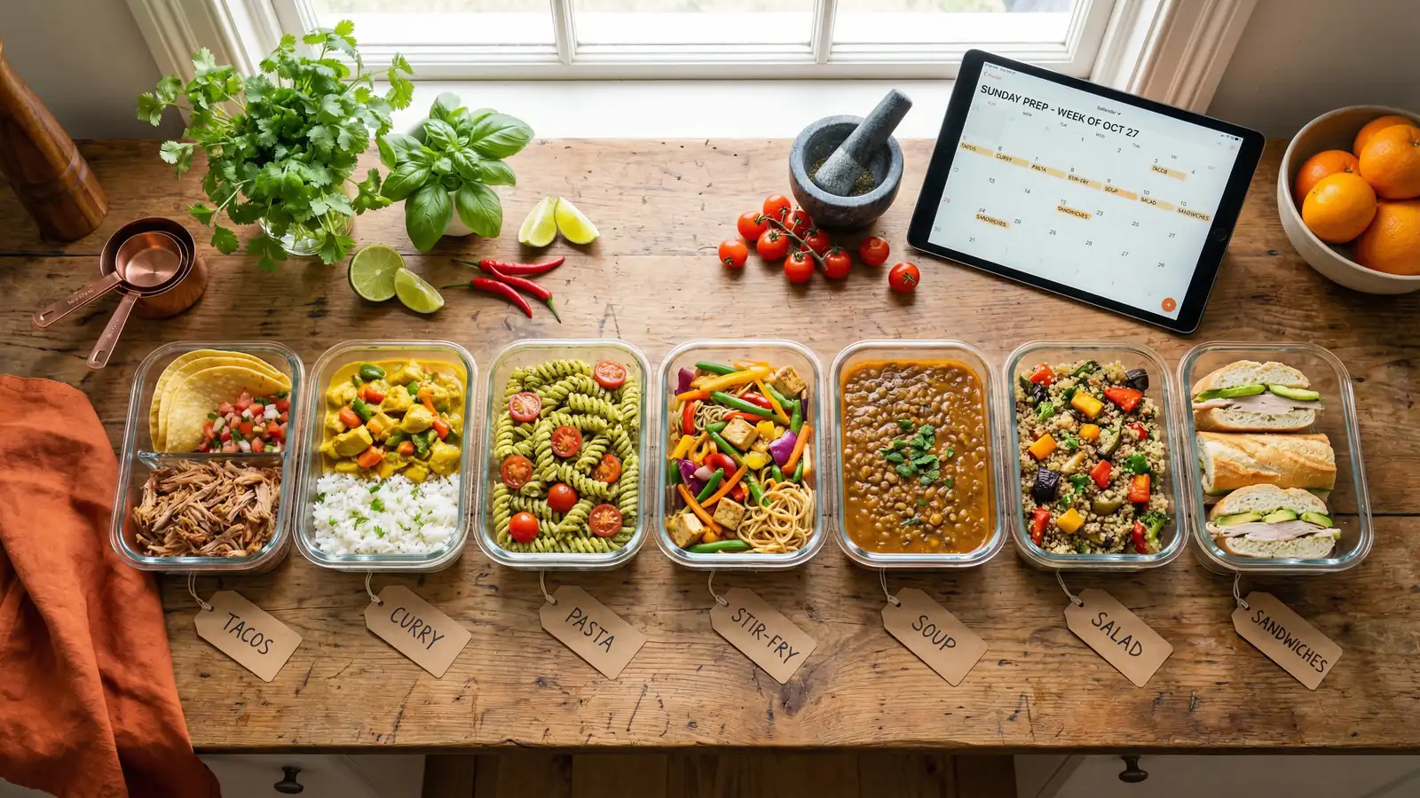 Four diverse families — American, Indian, German, and UAE — happily preparing meals together in warm kitchen environments on a Sunday.