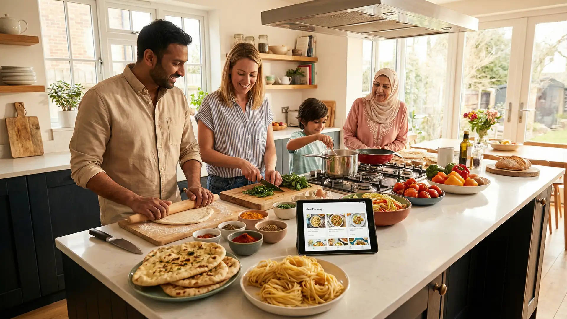A multicultural family cooking together on a weekend morning with diverse ingredients — naan, pasta, spices, and fresh vegetables on a kitchen island.