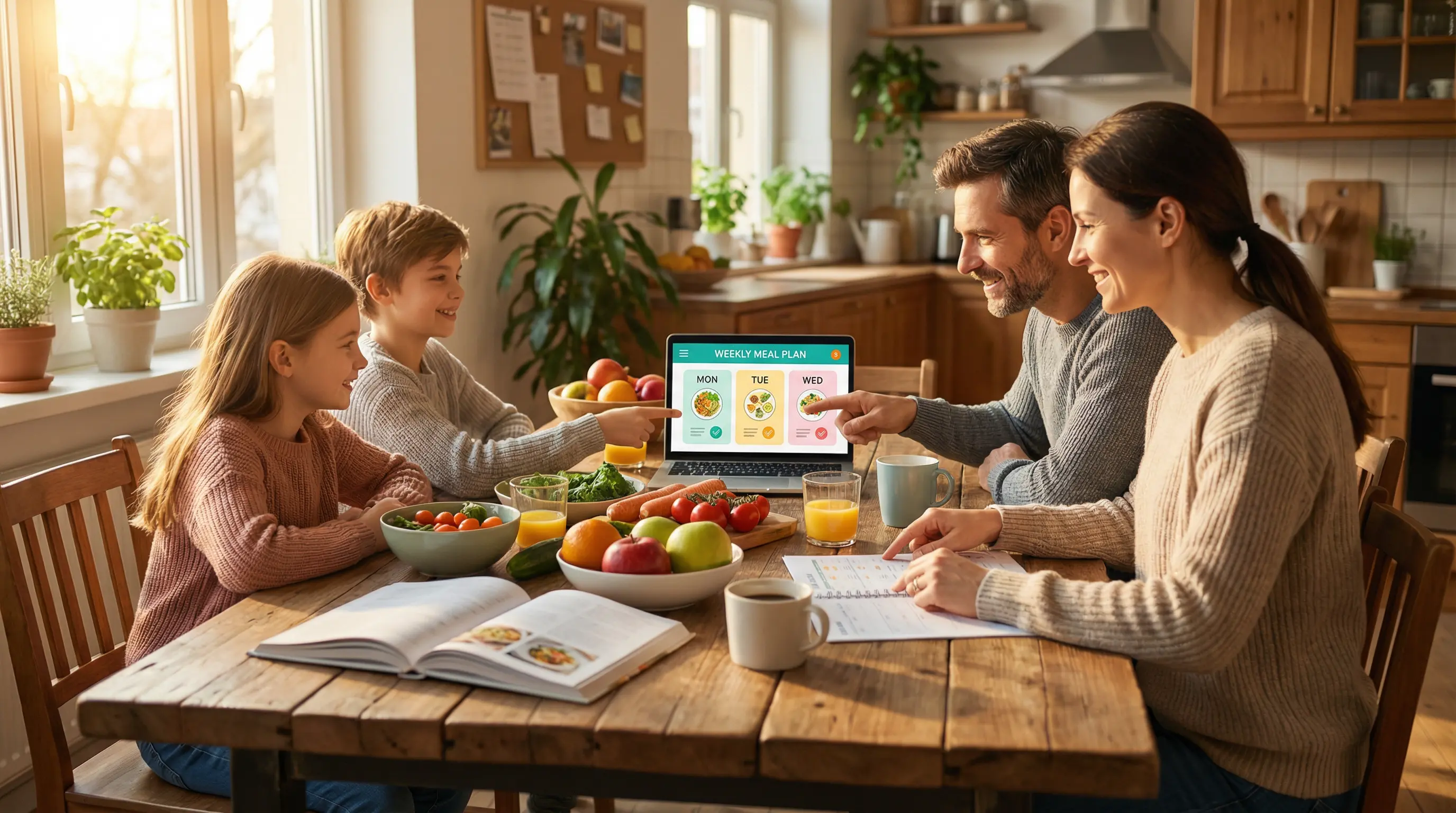 A family sitting around a kitchen table reviewing a weekly meal plan together, with a laptop showing a colourful meal planning interface and fresh ingredients nearby.