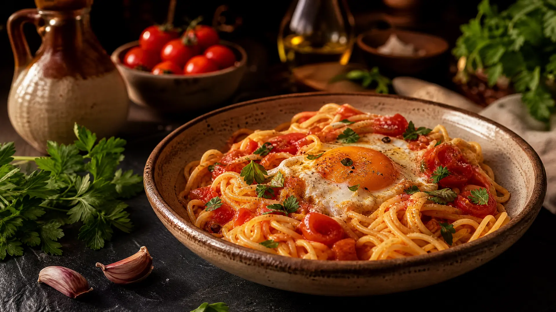 Improvised pasta dinner with canned tomatoes, egg, garlic and herbs on a dark slate surface