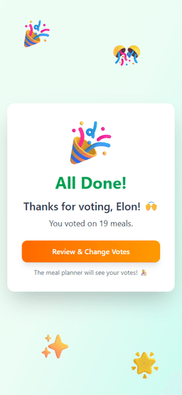 All Done screen — voted on 19 meals, option to review and change