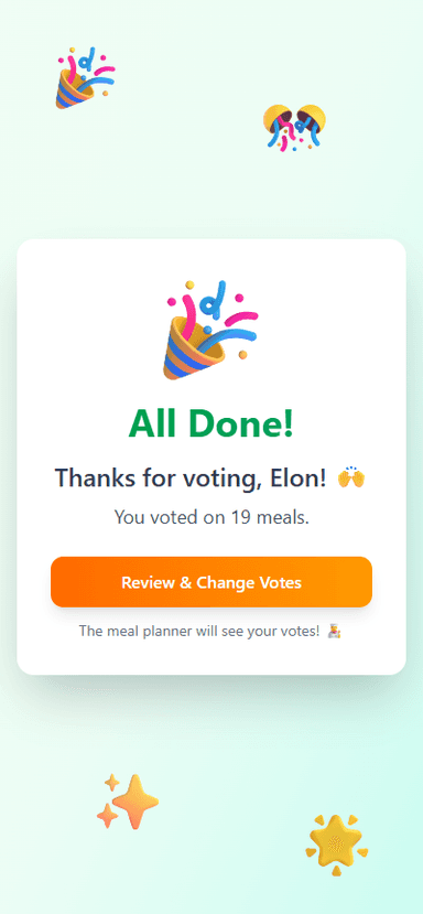 FamilyPlate voting completion screen — All Done! Elon voted on 19 meals with option to review and change votes