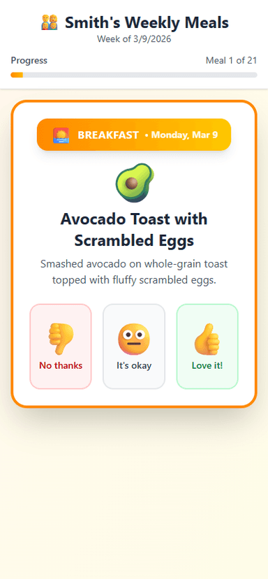 FamilyPlate meal voting card — Avocado Toast with Scrambled Eggs, Breakfast Monday March 9, vote not yet selected