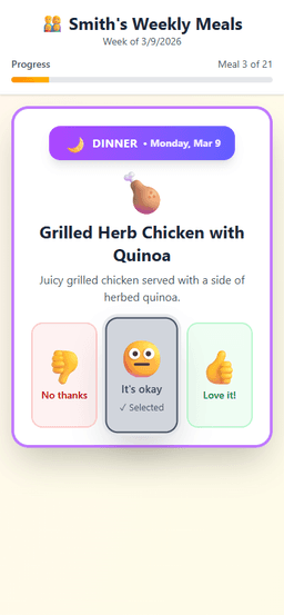 Dinner card — Grilled Herb Chicken with Quinoa, It's okay selected