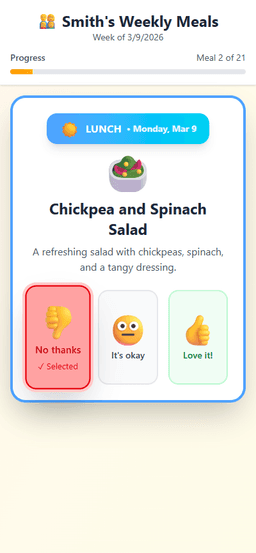 Lunch card — No thanks selected for Chickpea and Spinach Salad