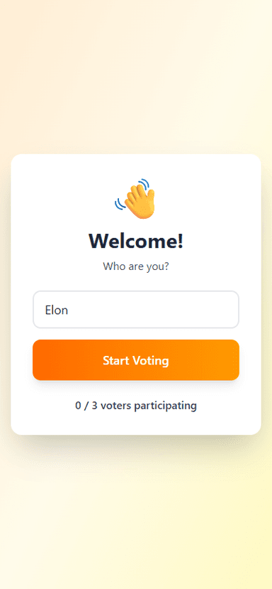 FamilyPlate voting welcome screen — enter your name to start voting on this week's meals