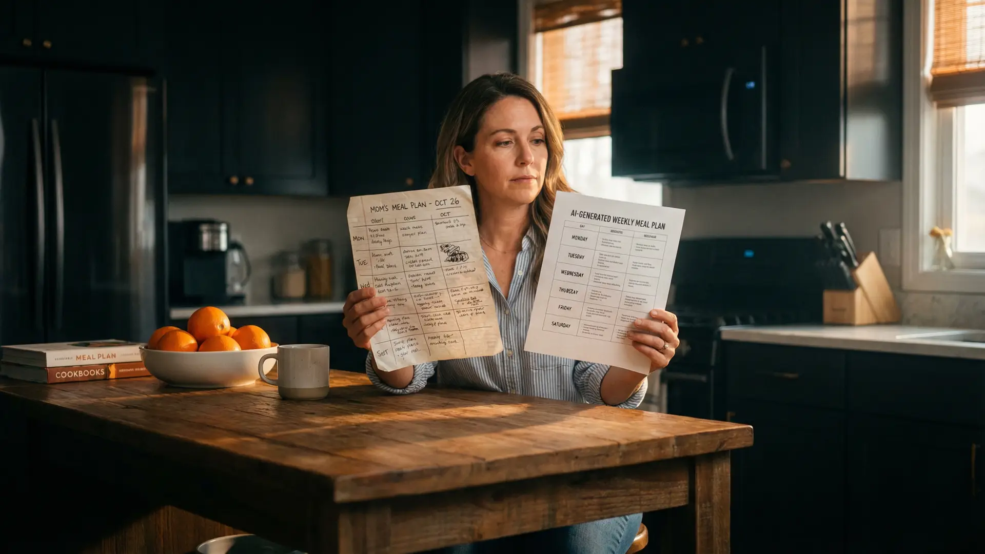 Side-by-side comparison of a person manually editing a paper meal plan versus using an AI meal planning app on a smartphone.