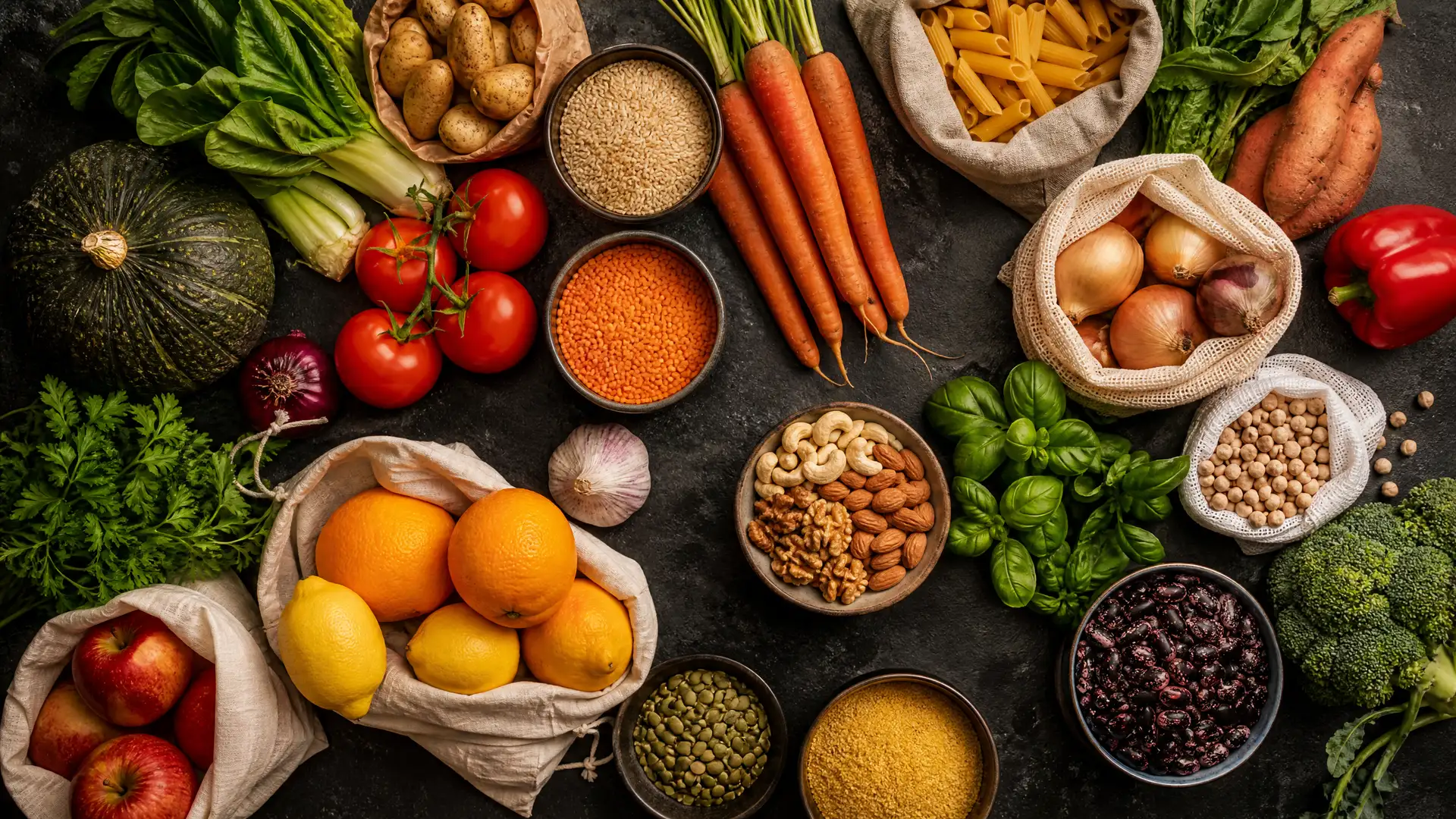 Organized grocery haul of fresh produce and pantry staples on a dark kitchen counter
