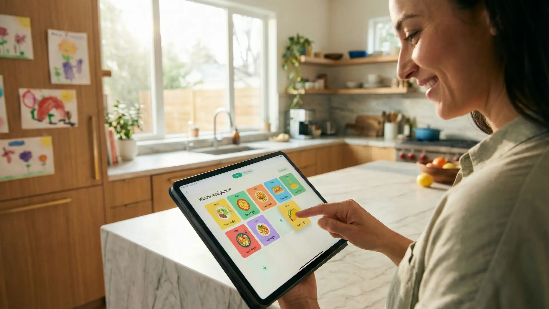 A parent sitting at a kitchen island using a tablet showing a colourful AI-generated weekly meal plan with meals organised by day.