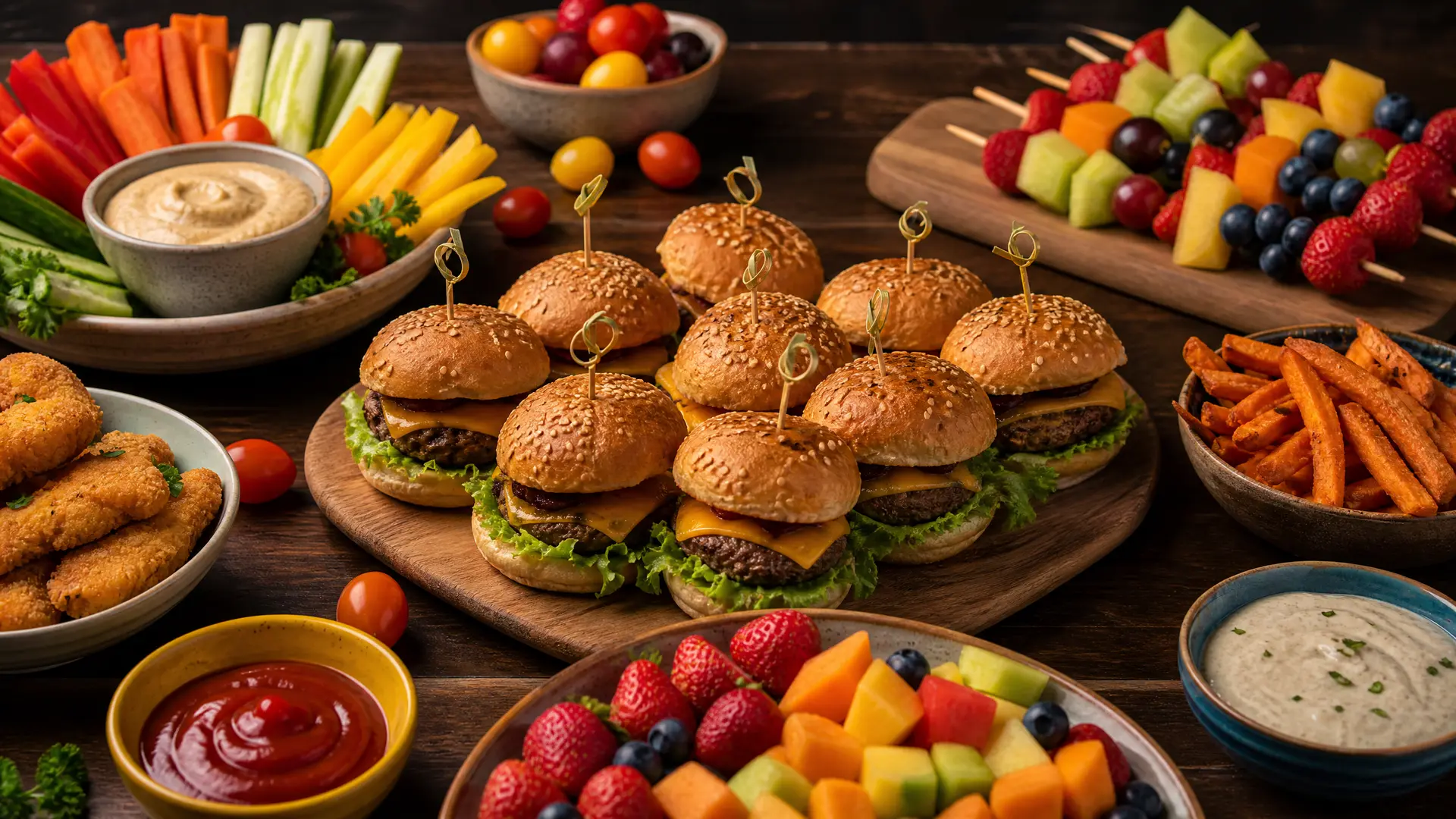 Colorful kid-friendly family dinner spread with mini sliders, vegetable sticks, and fruit skewers