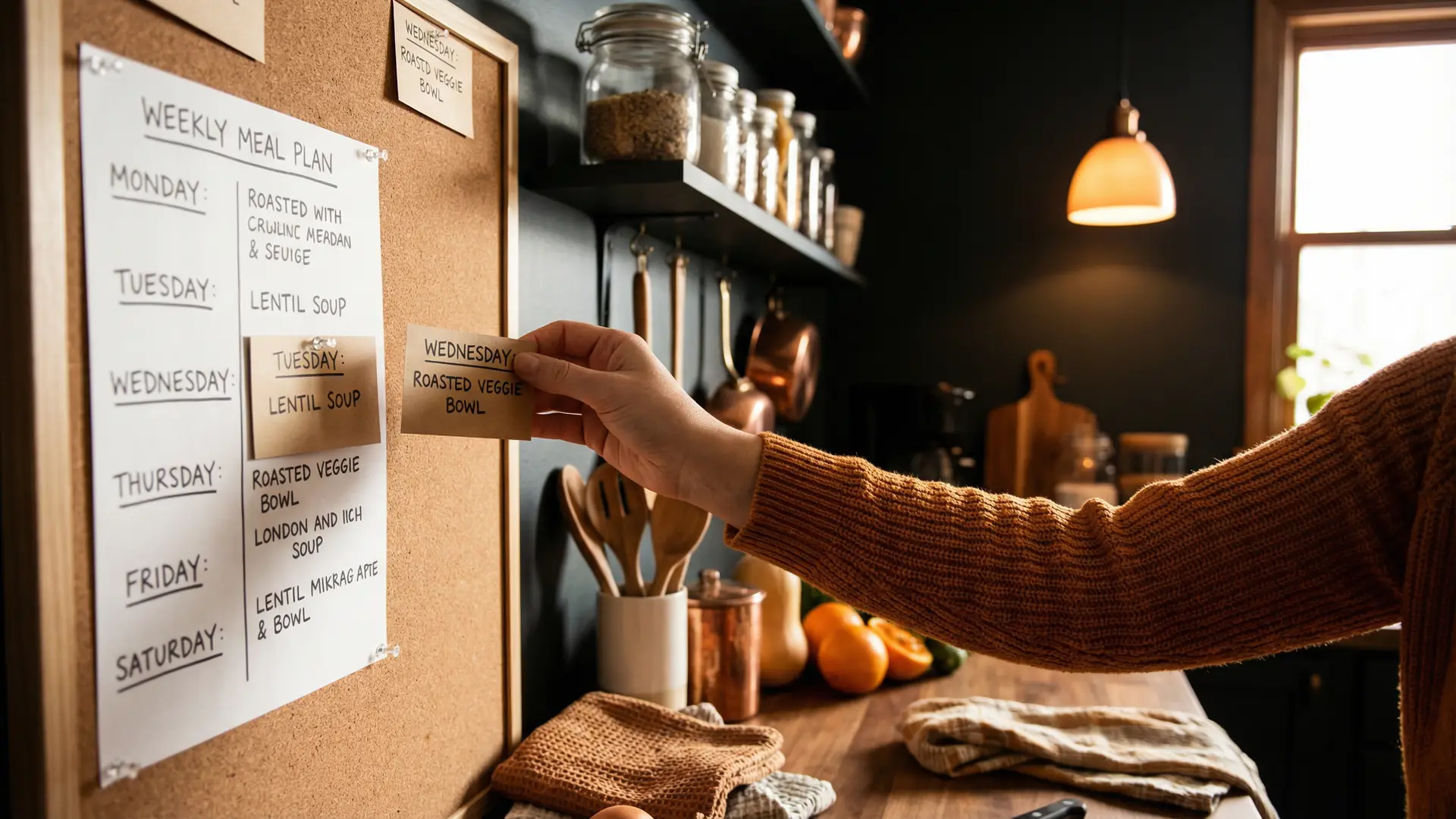 A parent looking at a weekly meal plan on a tablet, swapping a dinner card with a new meal option in a bright kitchen.